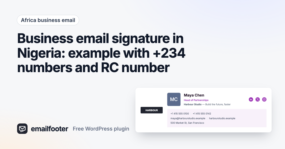 Business email signature in Nigeria: example with +234 numbers and RC number